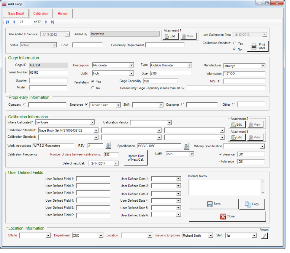 screenshot of Gage Control Software